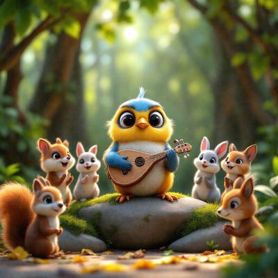The primary subject of the image is a group of cartoon animals, including a blue bird and a rabbit, gathered around a rock. The setting is a forest, with trees visible in the background. The visual style is a digital art or illustration, creating a whimsical and playful atmosphere. The colors are predominantly shades of green, brown, and blue, reflecting the natural environment of the forest.